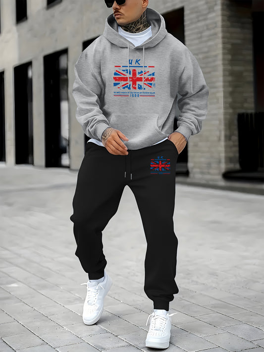 2pcs Men's Retro UK Flag Print Long Sleeve Hoodie + Sweatpants Set, Casual Trendy Co-ord Set As Gift