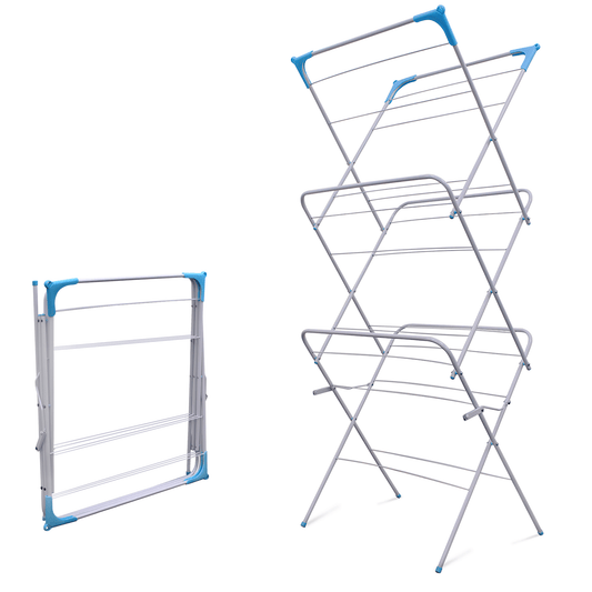 3 Tier Folding Clothes Airer, Foldable Clothes Horse, Clothes Rack for Indoor & Outdoor Use, Clothes Drying Rack, Clothes Airer Indoor, Flat Foldable Washing Line with Non-Slip Feet