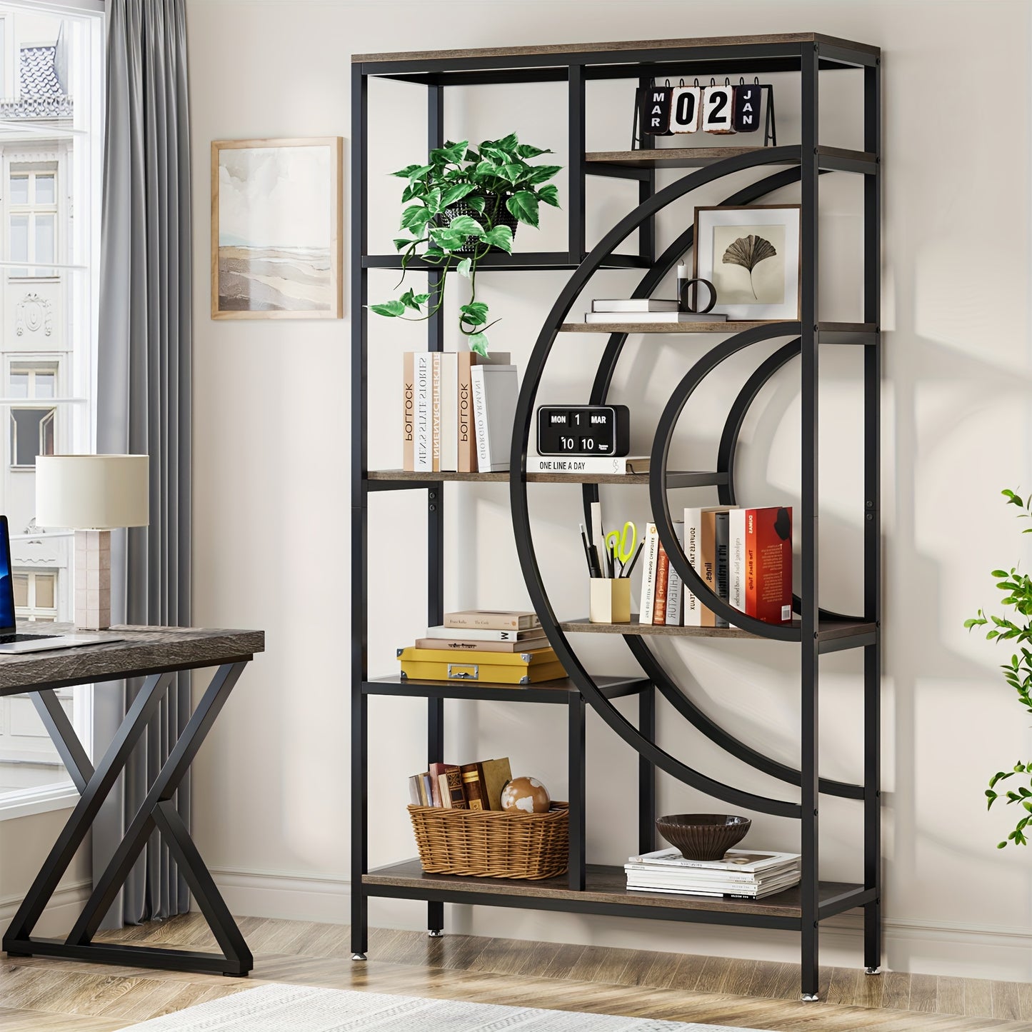 LITTLE TREE Rustic 8-Tiers Bookshelves with Metal Frame, Industrial Bookshelf Etagere Bookcase, Tall Freestanding Open Storage Shelving, Home Office, Living Room