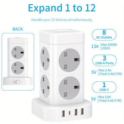 8-Outlet Cube Extension Lead with 5M Cable and 4 USB Power Strips