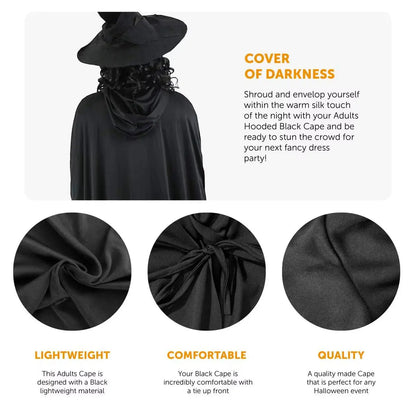 Adults Hooded Black Cape - Halloween Fancy Dress Costume Accessory - Unisex 59 Inches/150 - Traitor Velour Cloak