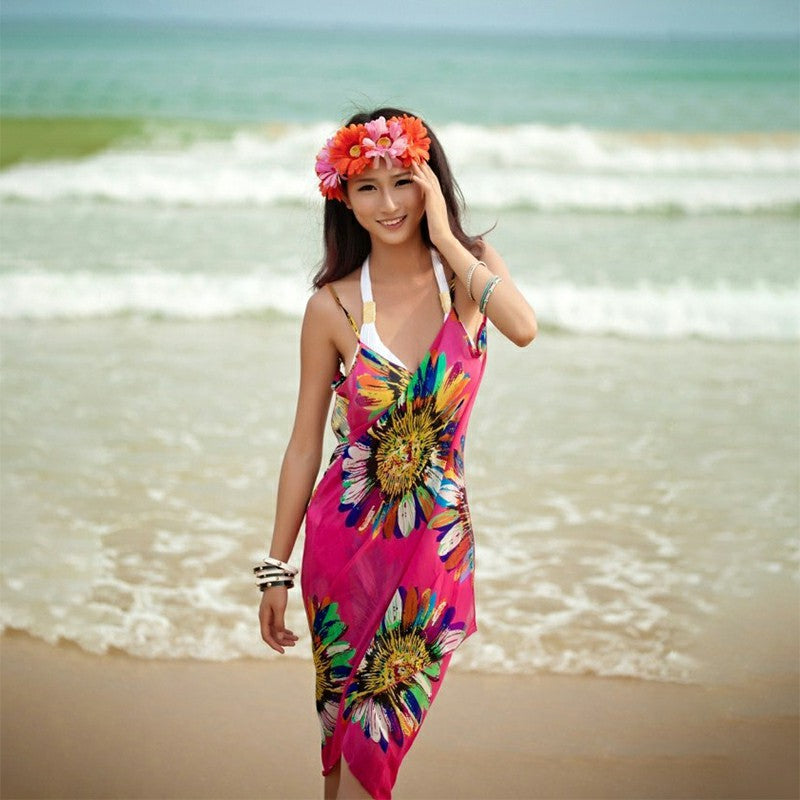 Women Bikini Cover Up Scarf Dress Swimsuit Sling Beach Chiffon Print Blouse - Hot Pink