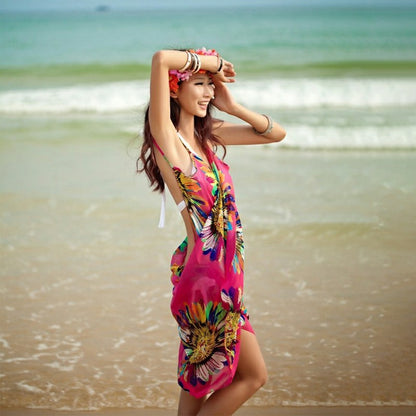 Women Bikini Cover Up Scarf Dress Swimsuit Sling Beach Chiffon Print Blouse - Hot Pink