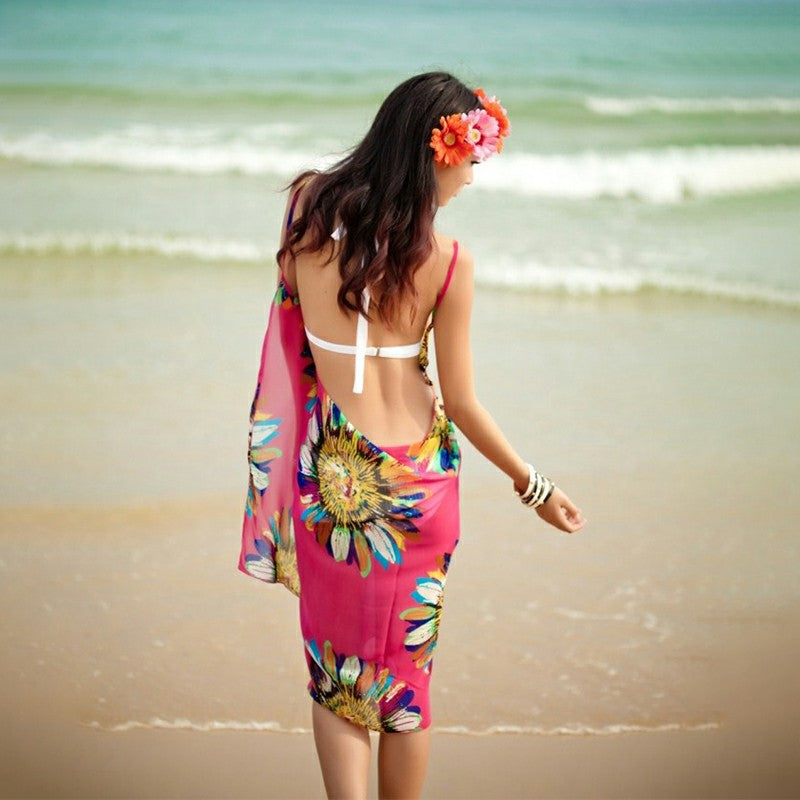 Women Bikini Cover Up Scarf Dress Swimsuit Sling Beach Chiffon Print Blouse - Hot Pink