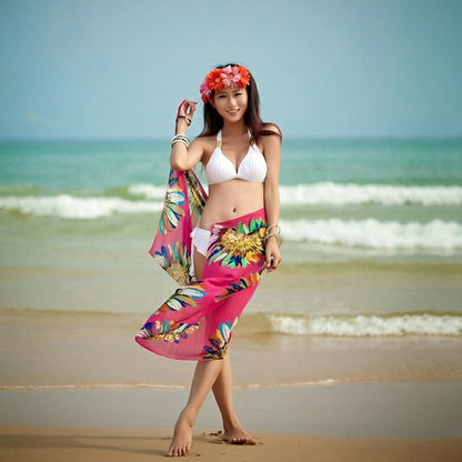 Women Bikini Cover Up Scarf Dress Swimsuit Sling Beach Chiffon Print Blouse - Hot Pink