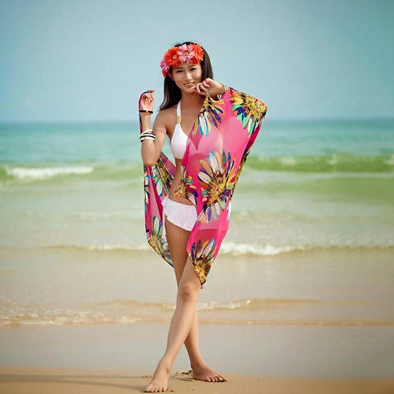 Women Bikini Cover Up Scarf Dress Swimsuit Sling Beach Chiffon Print Blouse - Hot Pink