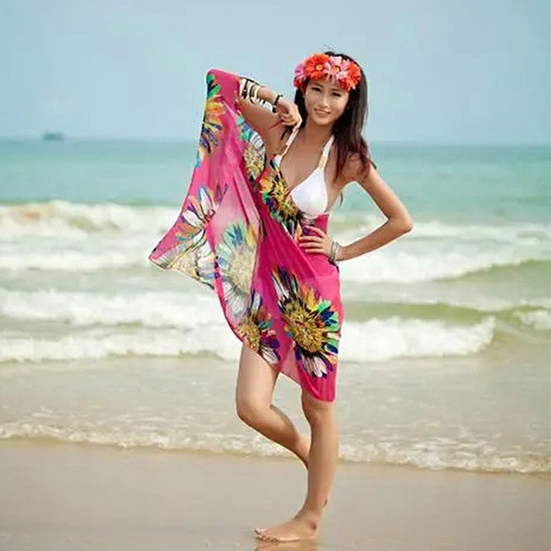 Women Bikini Cover Up Scarf Dress Swimsuit Sling Beach Chiffon Print Blouse - Hot Pink