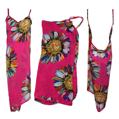 Women Bikini Cover Up Scarf Dress Swimsuit Sling Beach Chiffon Print Blouse - Hot Pink