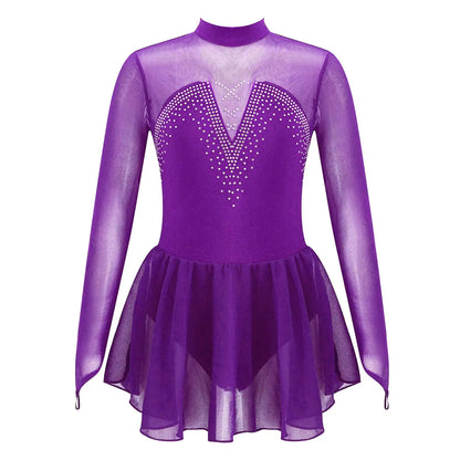 Kids Girls Figure Skating Dancewear Dress Sparkly Rhinestone Mesh Splice Ballerina Ballet Gymnastics Workout Tulle Tutu Dress