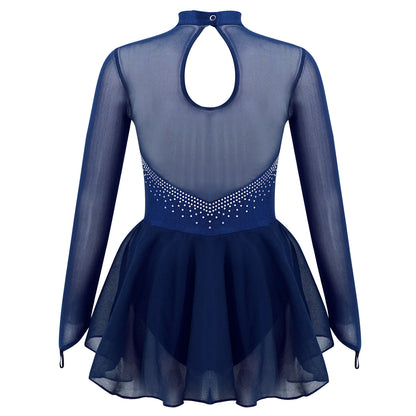 Kids Girls Figure Skating Dancewear Dress Sparkly Rhinestone Mesh Splice Ballerina Ballet Gymnastics Workout Tulle Tutu Dress