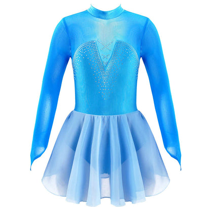 Kids Girls Figure Skating Dancewear Dress Sparkly Rhinestone Mesh Splice Ballerina Ballet Gymnastics Workout Tulle Tutu Dress