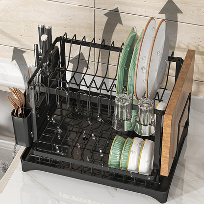 2 Tier Sink Dish Drainer Rack with Drip Tray Plate Rack Cutlery Holder for Kitchen - White