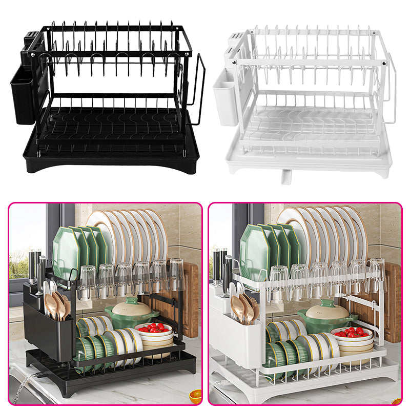 2 Tier Sink Dish Drainer Rack with Drip Tray Plate Rack Cutlery Holder for Kitchen - White