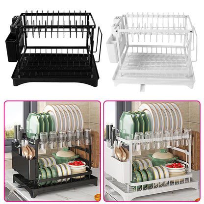 2 Tier Sink Dish Drainer Rack with Drip Tray Plate Rack Cutlery Holder for Kitchen - White