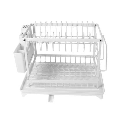 2 Tier Sink Dish Drainer Rack with Drip Tray Plate Rack Cutlery Holder for Kitchen - White