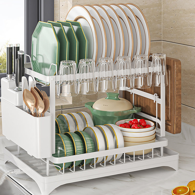 2 Tier Sink Dish Drainer Rack with Drip Tray Plate Rack Cutlery Holder for Kitchen - White