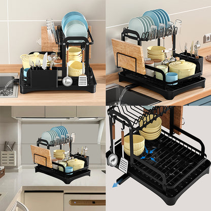 2 Tier Dish Drainer Rack Detachable Dish Drying Rack with Drainage Spout Utensil and Cutting Board Holder for Kitchen Counter - Black