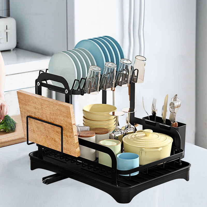 2 Tier Dish Drainer Rack Detachable Dish Drying Rack with Drainage Spout Utensil and Cutting Board Holder for Kitchen Counter - Black