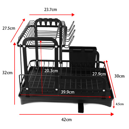 2 Tier Dish Drainer Rack Detachable Dish Drying Rack with Drainage Spout Utensil and Cutting Board Holder for Kitchen Counter - Black