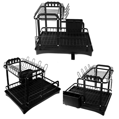 2 Tier Dish Drainer Rack Detachable Dish Drying Rack with Drainage Spout Utensil and Cutting Board Holder for Kitchen Counter - Black