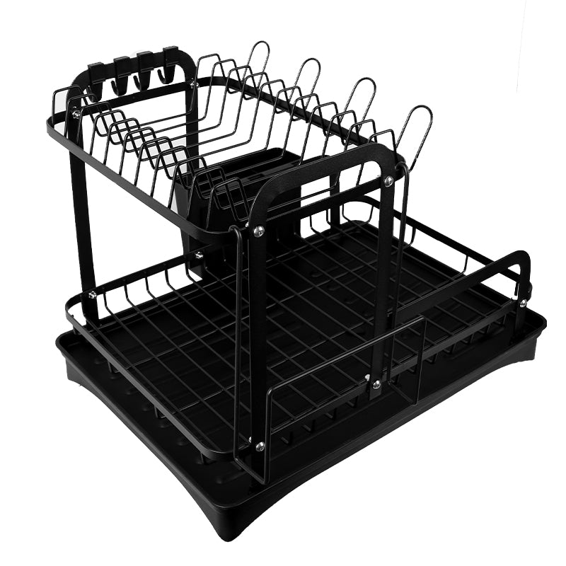 2 Tier Dish Drainer Rack Detachable Dish Drying Rack with Drainage Spout Utensil and Cutting Board Holder for Kitchen Counter - Black