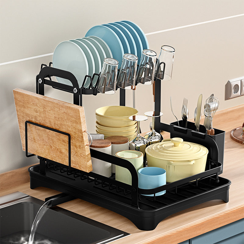 2 Tier Dish Drainer Rack Detachable Dish Drying Rack with Drainage Spout Utensil and Cutting Board Holder for Kitchen Counter - Black