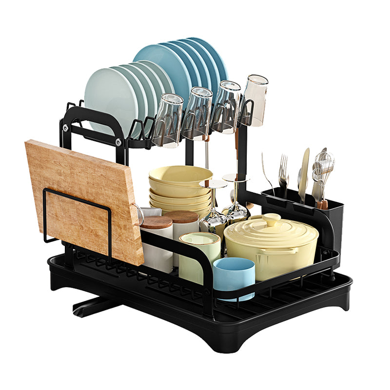 2 Tier Dish Drainer Rack Detachable Dish Drying Rack with Drainage Spout Utensil and Cutting Board Holder for Kitchen Counter - Black