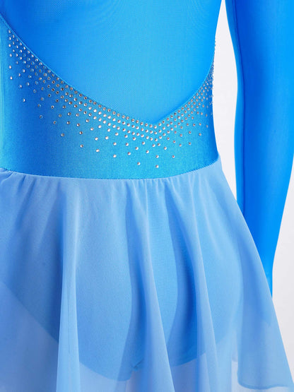 Kids Girls Figure Skating Dancewear Dress Sparkly Rhinestone Mesh Splice Ballerina Ballet Gymnastics Workout Tulle Tutu Dress