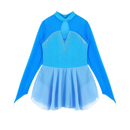 Kids Girls Figure Skating Dancewear Dress Sparkly Rhinestone Mesh Splice Ballerina Ballet Gymnastics Workout Tulle Tutu Dress