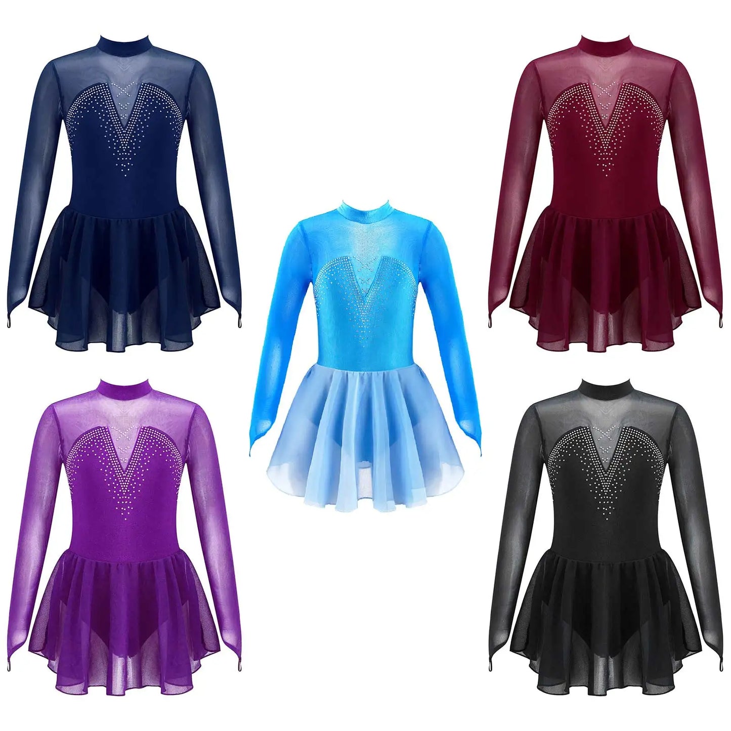 Kids Girls Figure Skating Dancewear Dress Sparkly Rhinestone Mesh Splice Ballerina Ballet Gymnastics Workout Tulle Tutu Dress