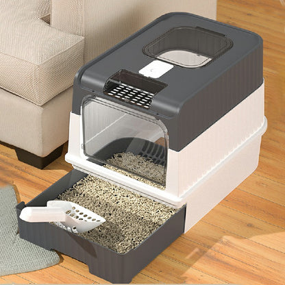 Large Cat Litter Box Anti-Splashing Cat Potty Tray Self Cleaning Pan Drawer - Grey