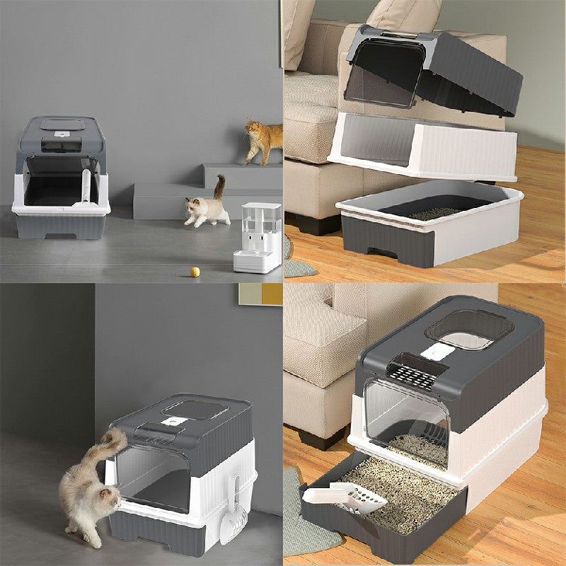 Large Cat Litter Box Anti-Splashing Cat Potty Tray Self Cleaning Pan Drawer - Grey