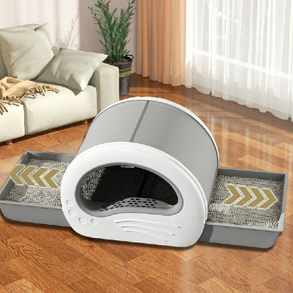 Large Cat Litter Box Anti-Splashing Cat Pan Drawer Cat Potty Tray with Sterilizing Light - Grey