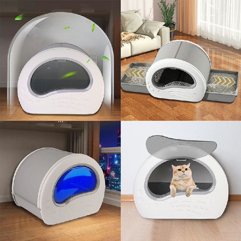 Large Cat Litter Box Anti-Splashing Cat Pan Drawer Cat Potty Tray with Sterilizing Light - Grey