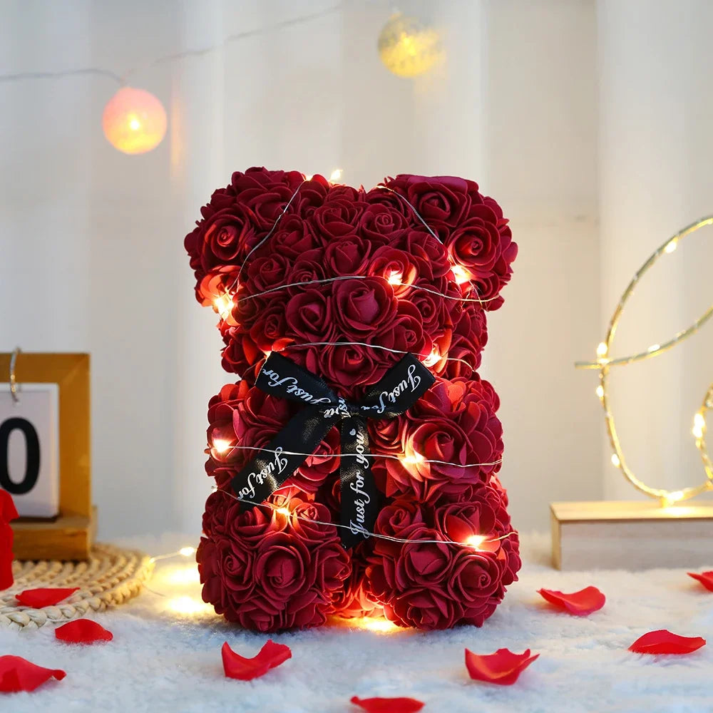 25cm Artificial Teddy Rose Flower Bear with Box Romantic Valentines Day Gift Girlfriend Women Mother Birthday Wedding Party Deco