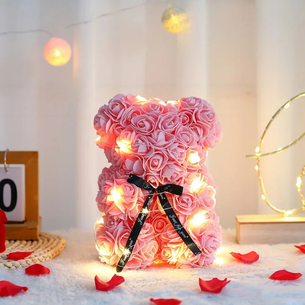 25cm Artificial Teddy Rose Flower Bear with Box Romantic Valentines Day Gift Girlfriend Women Mother Birthday Wedding Party Deco