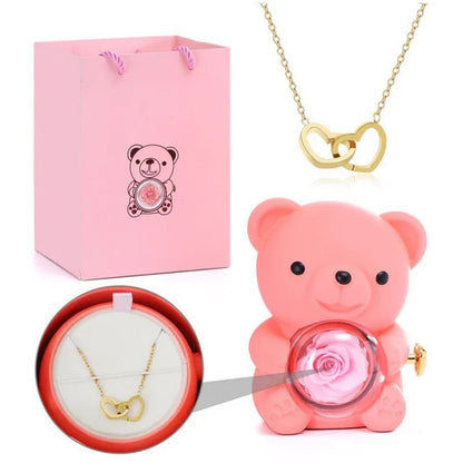 Teddy Bear Gifts Box with Necklace Rotate Rose Jewelry Box Valentine Wedding Storage Gift Case for Women Girlfriend Mother Mom