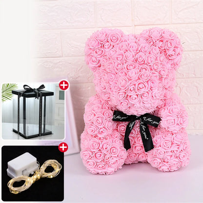 Valentine Gifts Decoration Rose Bear Artificial Flower With Box Lights Teddy Bear For Women Girlfriend Birthday Gift Love Flower