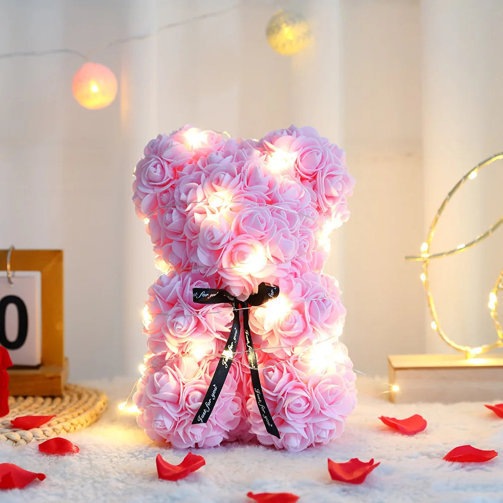 25cm Artificial Teddy Rose Flower Bear with Box Romantic Valentines Day Gift Girlfriend Women Mother Birthday Wedding Party Deco