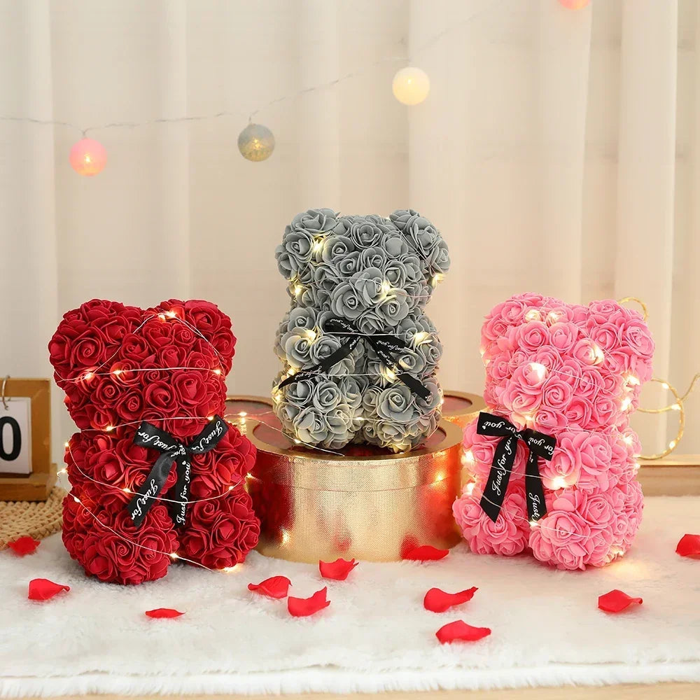 25cm Artificial Teddy Rose Flower Bear with Box Romantic Valentines Day Gift Girlfriend Women Mother Birthday Wedding Party Deco