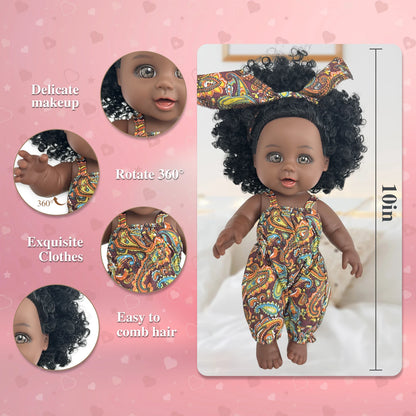 10 inch Black Baby Doll American African Black Girl Doll with Dress Realistic Reborn Baby Doll For Kids Silicone Toys Gift