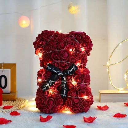 25cm Artificial Teddy Rose Flower Bear with Box Romantic Valentines Day Gift Girlfriend Women Mother Birthday Wedding Party Deco