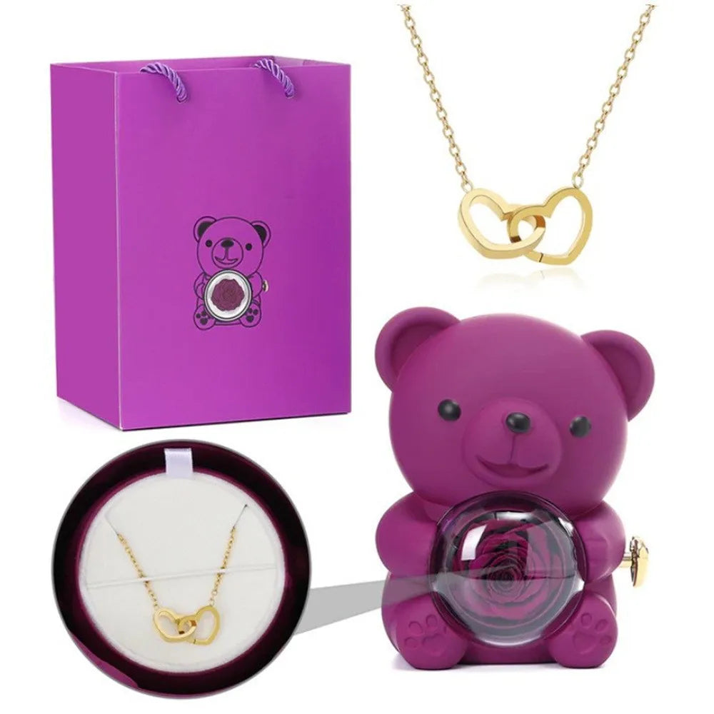 Teddy Bear Gifts Box with Necklace Rotate Rose Jewelry Box Valentine Wedding Storage Gift Case for Women Girlfriend Mother Mom