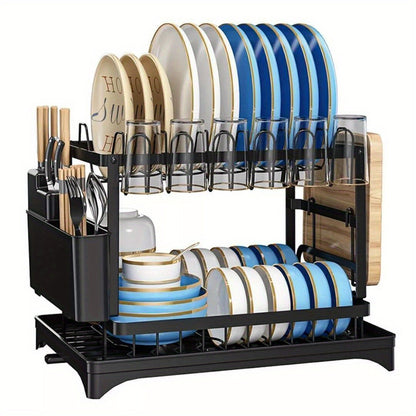 2 Tier Home Kitchen Sink Dish Drainer Rack with Drip Tray Cutlery Holder Plate