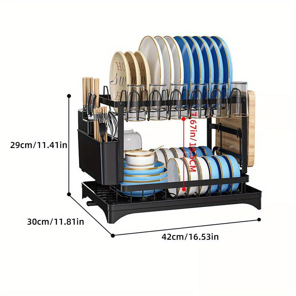 2 Tier Home Kitchen Sink Dish Drainer Rack with Drip Tray Cutlery Holder Plate