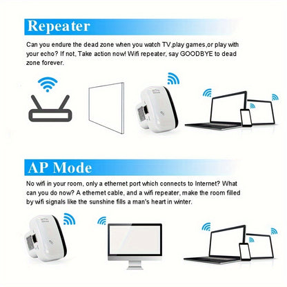 300Mbps WiFi Booster, WiFi Repeater Extender with Ethernet Port, 2.4GHz WiFi Extender, Support Repeater/Router/AP Mode & WPS, 1-Tap Setup, Compatible with All Network Routers, UK Plug