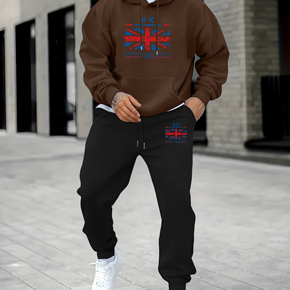 2pcs Men's Retro UK Flag Print Long Sleeve Hoodie + Sweatpants Set, Casual Trendy Co-ord Set As Gift