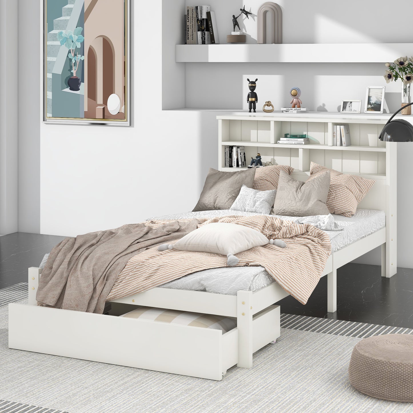 BTM UK New TV 4ft6 single Bed （90*190cm）Double (135 x 190 cm) Bed with Shelves, White Wooden Storage Bed, Underbed Drawer dusk bed