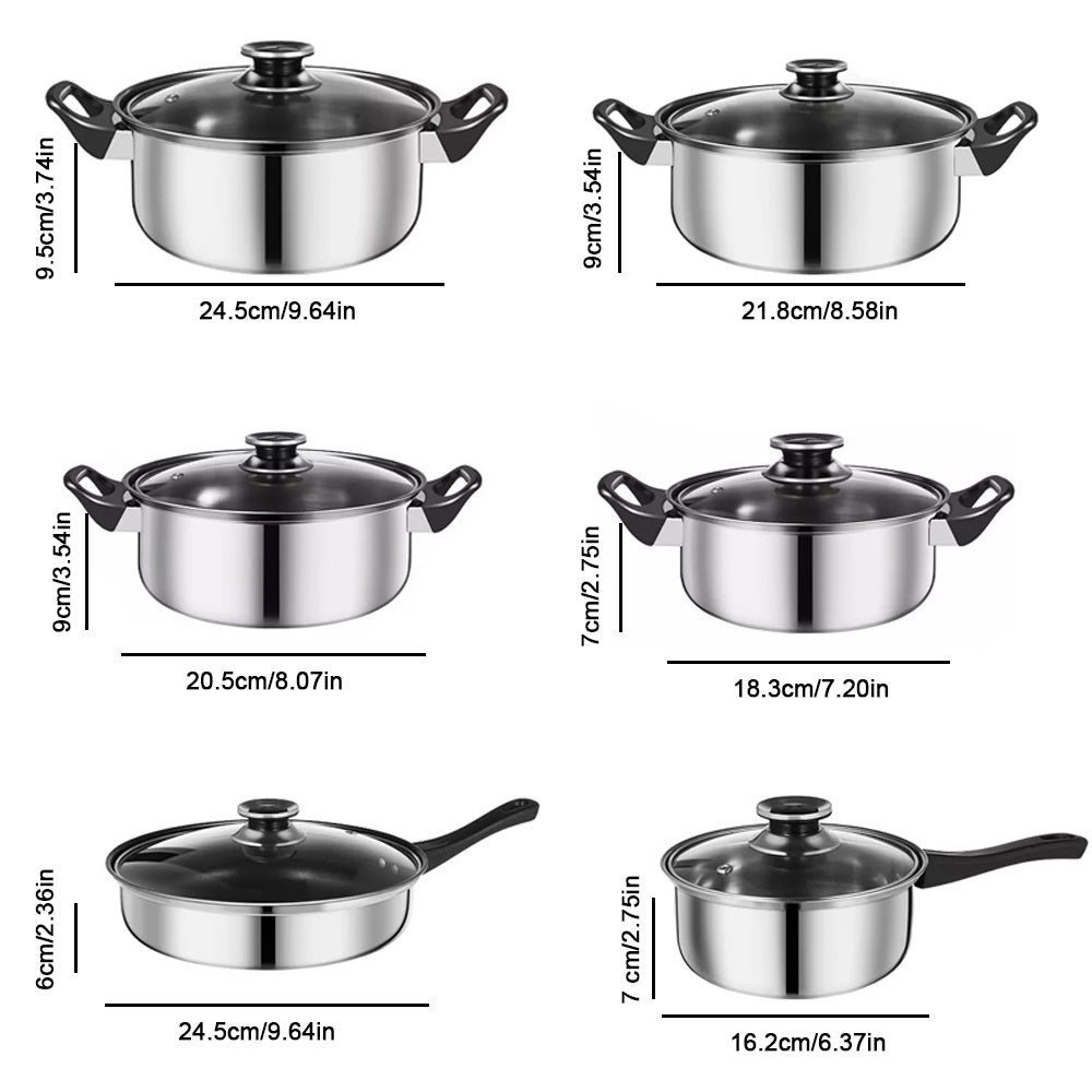 6 Pcs Stainless Steel Saucepan Essential Cookware Set With Glass Lids & Sturdy Handles Pot Prima Kitchen Cook Home Chef Cooking Sauce Pan Housewarming Gifts UK