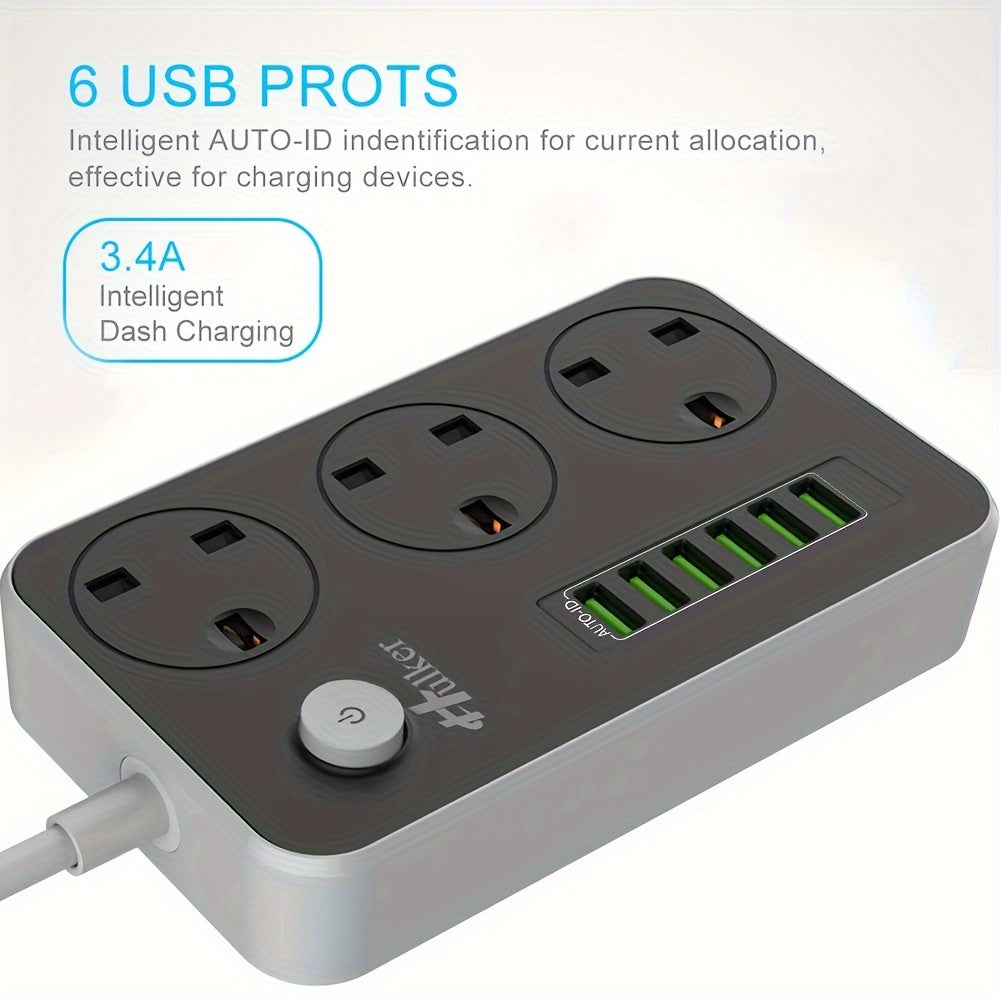 2M Durable Hulker Power Strips with 3 Way Outlets, 6 USB Ports, Smart USB Charger, and UK Socket